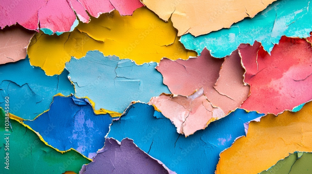Poster captivating arrangement of multicolored torn paper pieces forms a dynamic and textured backdrop perf