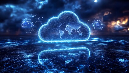 Obraz premium Futuristic Cloud Computing Network Servers. Digital illustration of cloud computing infrastructure with vibrant blue neon lights and futuristic data servers.