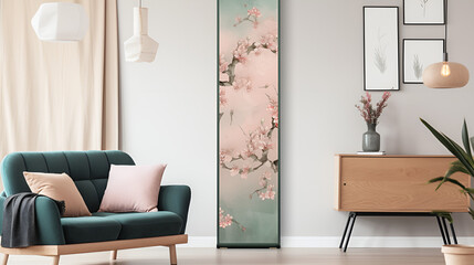  Cozy Living Room with Pastel Furniture and a Large Floral Painting in a Modern Interior