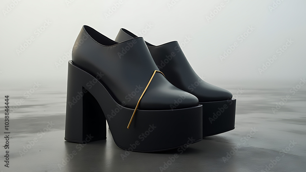 Poster black platform shoes feature minimalist design, geometric shapes, and a touch of gold in a foggy abs