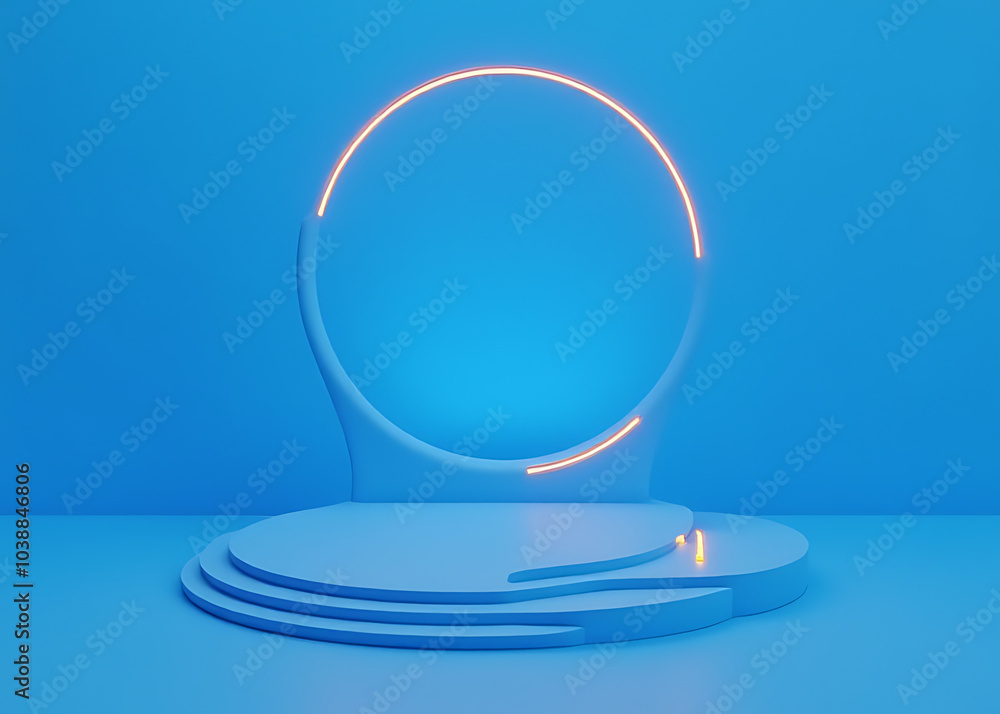 Poster blue background with minimal product display stand features vibrant orange neon accents in a blue mi