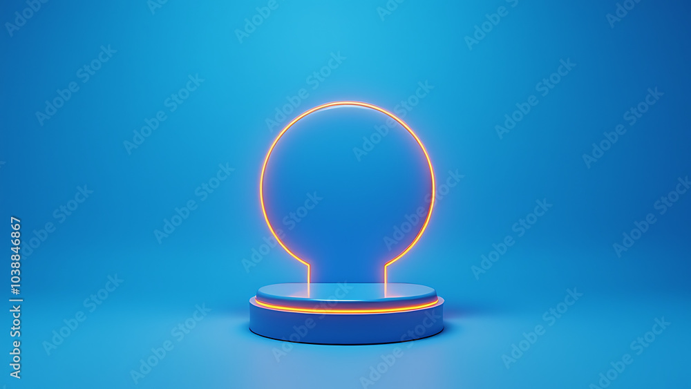 Poster blue background with minimal product display stand features vibrant orange neon accents in a blue mi