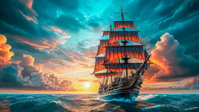 Beautiful old sailboat in sunset rays on the sea, old sailing brigantine