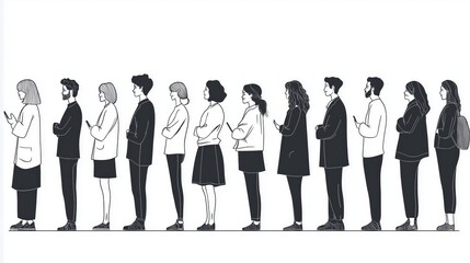 Group of people in line, black and white sketch illustration, everyday urban life