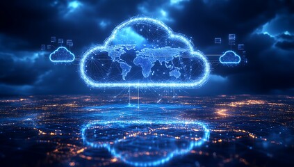 Obraz premium Futuristic Cloud Computing Network Servers. Digital illustration of cloud computing infrastructure with vibrant blue neon lights and futuristic data servers.