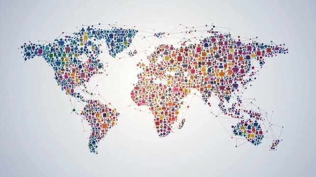 A world map formed of abstract shapes, with connected lines representing global communication.