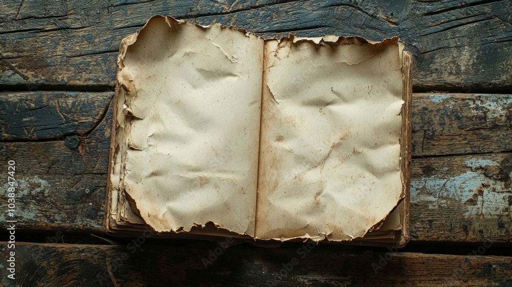 Poster rugged edges of torn notebook paper lie on a weathered wooden table illuminated by soft natural ligh