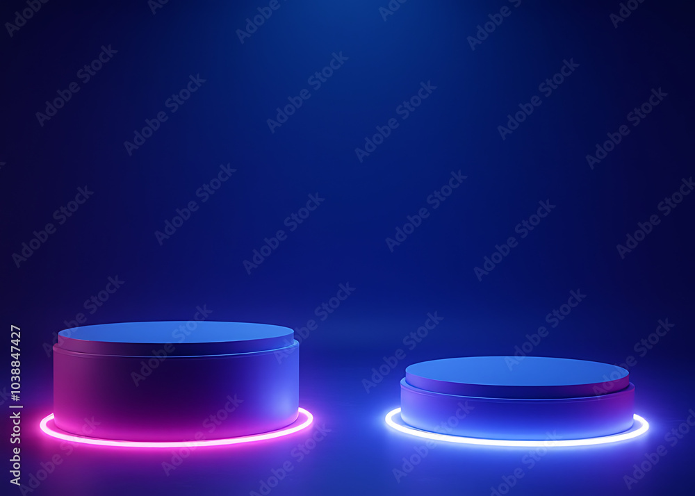 Poster Blue neon glow surrounds two empty podiums on a dark background with pink edging, creating an eerie visual effect in 3D rendering.