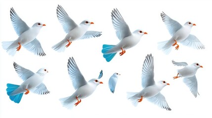 Obraz premium A photostock of birds in flight on a white background, symbolizing freedom or nature.