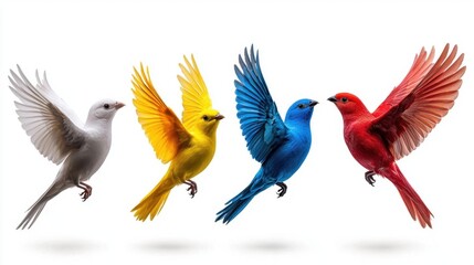 Fototapeta premium A photostock of birds in flight on a white background, symbolizing freedom or nature.