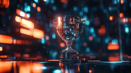 Futuristic digital background featuring a trophy, symbolizing achievement 