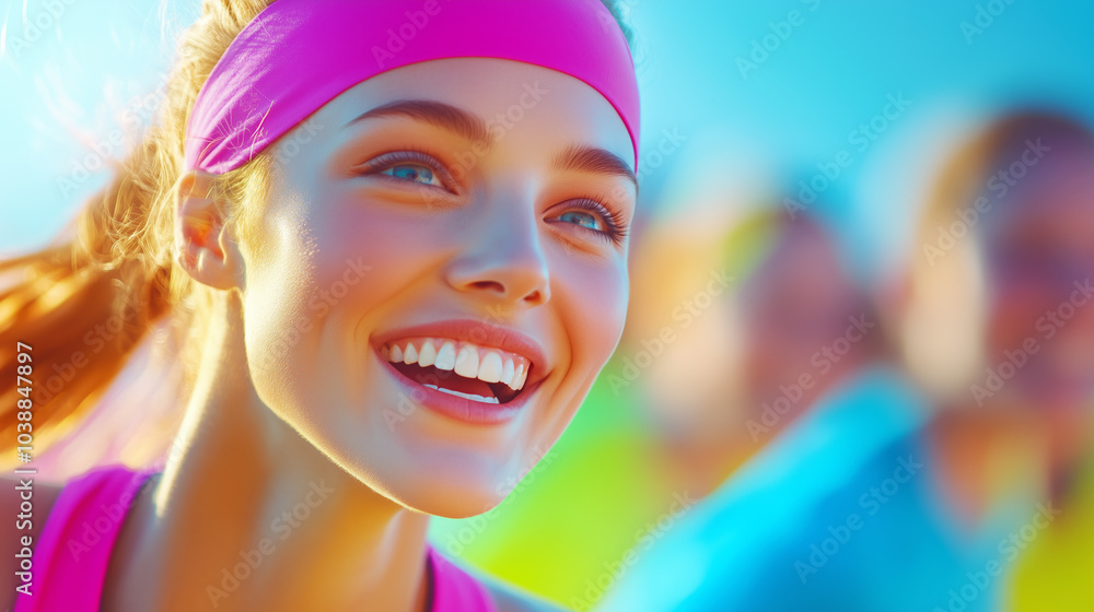 Wall mural young woman smiling in sunny outdoor fitness class with cheerful participants