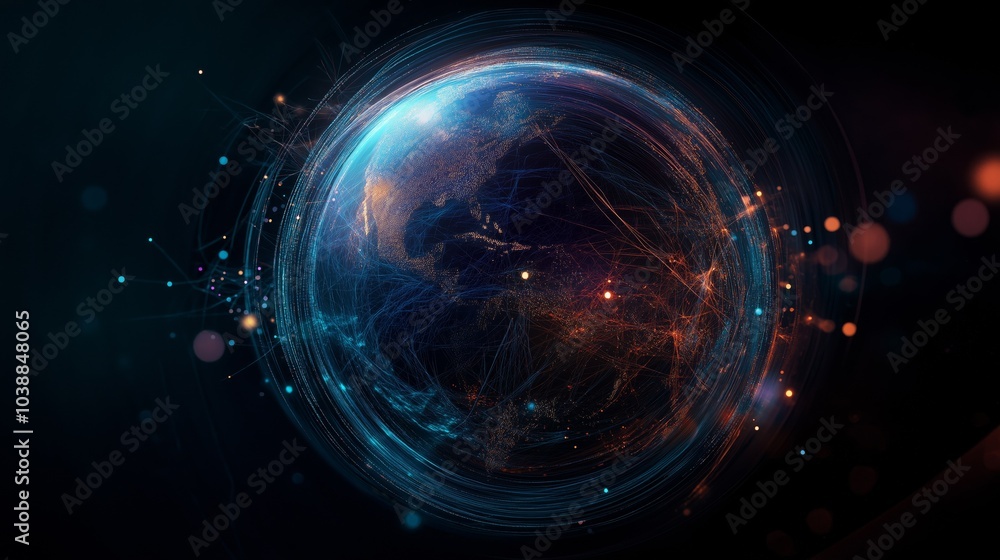 Poster the sphere of the earth with continents belted with digital data flows and neural networks.