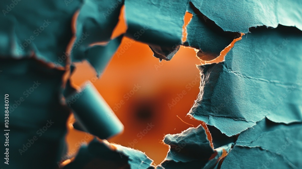 Poster torn paper hole sits at the center offering a glimpse of a blurred and colorful backdrop. the explor