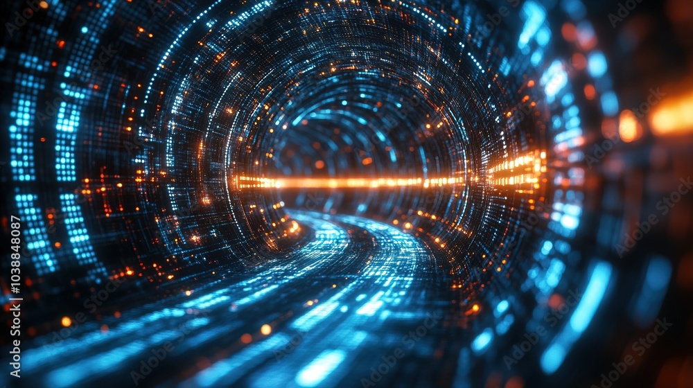 Poster digital tunnel with dynamic lights and glowing patterns showing technology