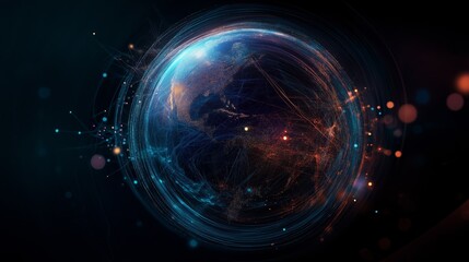 Fototapeta premium The sphere of the earth with continents belted with digital data flows and neural networks.