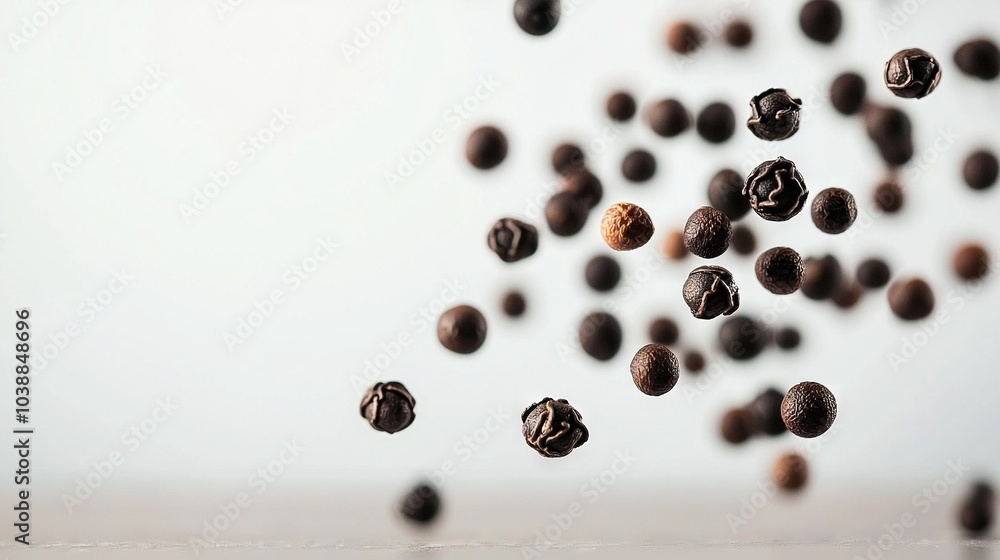 Poster a zoomed-in photo of a group of nuts floating mid-air against a solid white backdrop with a hazy env