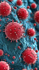 Red Virus Cells on Blue Surface: Microscopic 3D Illustration of Viral Pathogens, Infection, Microbiology, Pandemic Insight, Cellular Interaction, Disease Insight