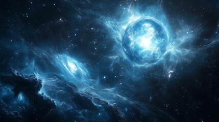 Naklejka premium Cosmic scene of two glowing stars in deep space, surrounded by nebula clouds and galaxies