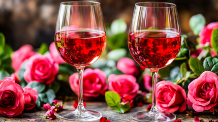 Two wine glasses filled with red wine are placed on a table with a bunch of pink roses. The scene conveys a romantic and intimate atmosphere, as the wine glasses