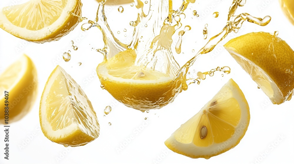 Poster   A lemon with water splashing out, split into halves with a slice on each