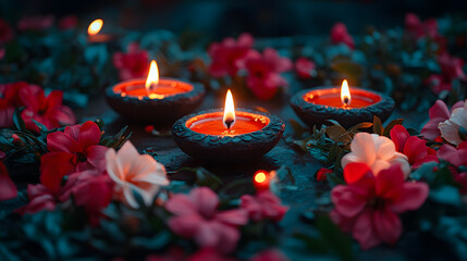 A Colorful and Joyous Diwali Podium: Twinkling Lights and Floral Brilliance