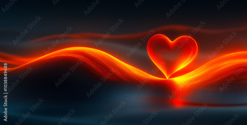 Poster a heart is glowing red in the dark. the image is of a wave with the heart in the middle