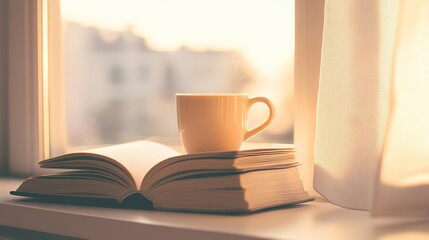 A Cup of Coffee and a Book by a Window, Cozy Reading Nook, Warm Light, Sunlit Morning ,coffee ,book ,window