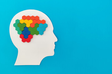 Mental health concept. Human brain made of multi-colored wooden blocks.