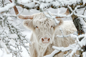 A white cow with horns is standing in the snow under a tree