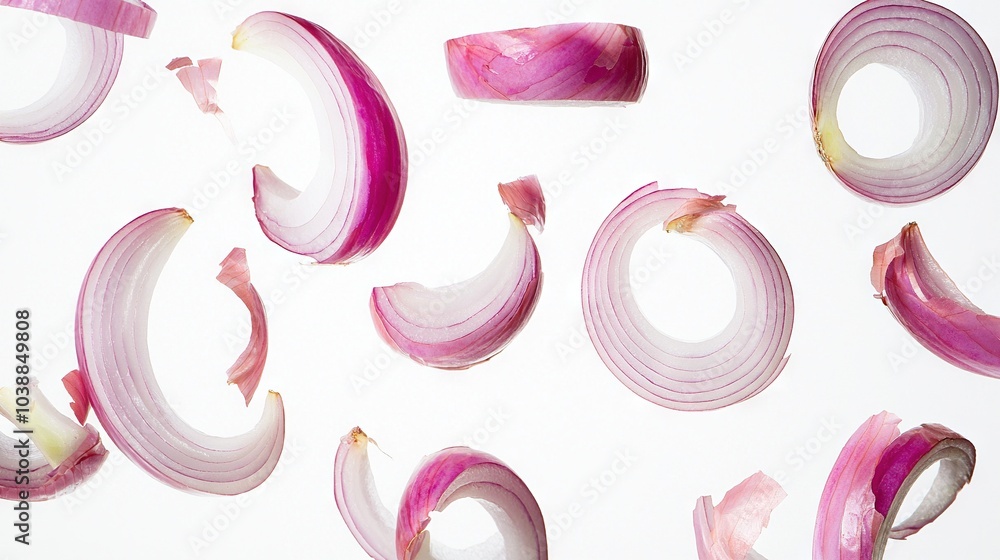 Poster onions displayed in close-up on white background with some slices removed to reveal inner structure