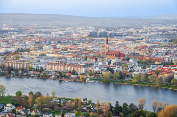 stunning aerial perspective of Vienna with the Danube River winding through the city, Austria