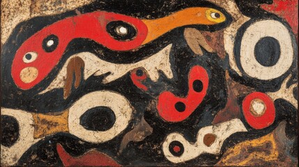 Abstract Composition with Red and Black Shapes, Oil on Canvas, Abstract Art, Surrealism, Modern Art, abstract painting, modernism