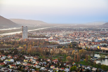stunning aerial perspective of Vienna with the Danube River winding through the city, Austria