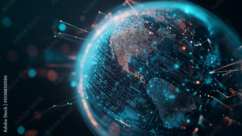 Poster the sphere of the earth with continents belted with digital data flows and neural networks.
