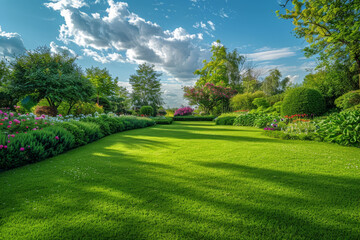 Fototapeta premium A lush green lawn with a few bushes and flowers in the background