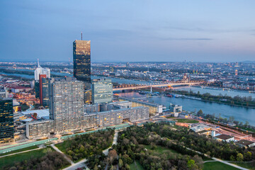 Obraz premium stunning aerial perspective of Vienna with the Danube River winding through the city, Austria