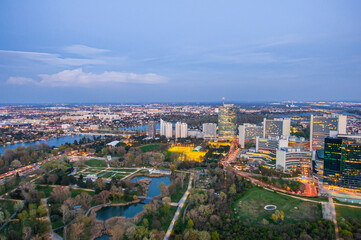 stunning aerial perspective of Vienna with the Danube River winding through the city, Austria