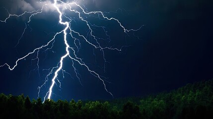 A stunning display of lightning illuminating a dark sky over a serene forest landscape, capturing the raw power of nature.