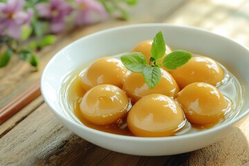 Cooked quail eggs in a white bowl on a wooden table