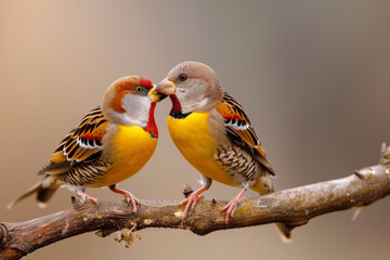 Fototapeta premium Two birds are sitting on a branch, one of them is eating
