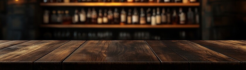 Dark Wooden Table Top with Blurred Liquor Shelf in Background, wooden texture, dark background , bar