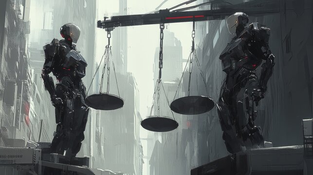 Cybernetic Justice Two metallic figures stand under a mechanized scale, their forms reflecting the grayscale cityscape, Cyberpunk, Sci-Fi, dystopian