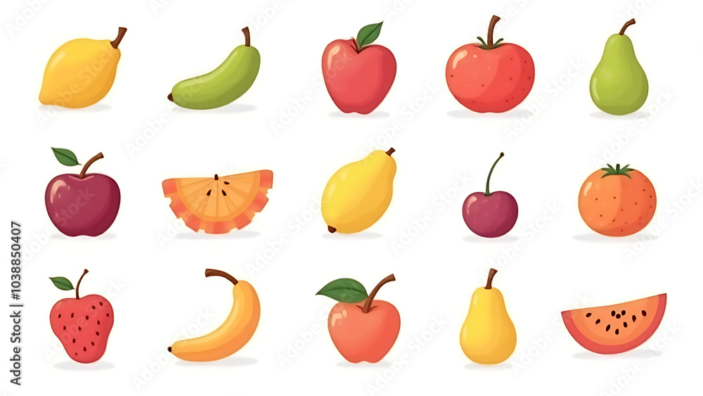Poster colorful fruit icons isolated on white background available for use in various design projects and p