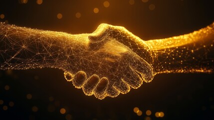 Digital Handshake Golden Abstract Network of Connection, 3D Rendering, Bokeh, Partnership, Network, Technology