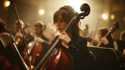 Fototapeta premium Female cellist playing with intense focus in an orchestra.