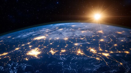 Obraz premium Earth's Glow A View from Space, Sunrise, City Lights, Night Sky, Satellite, Earth , Space
