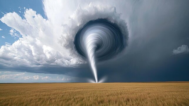 A dramatic tornado forming from dark storm clouds over a golden grassland, showcasing the power of nature and extreme weather phenomena.