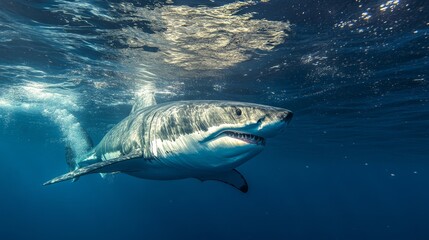Fototapeta premium White great shark jump out of water composition background
