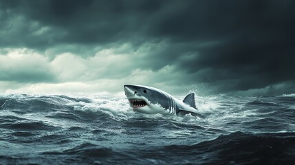 Fototapeta premium White great shark jump out of water composition background